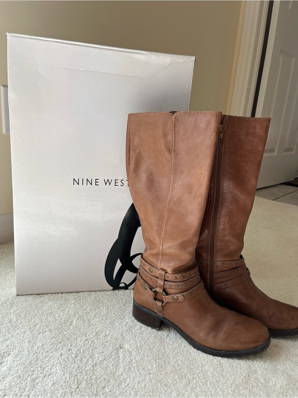 Vintage Nine West Tan Brown Leather Mid-Calf Riding Boots